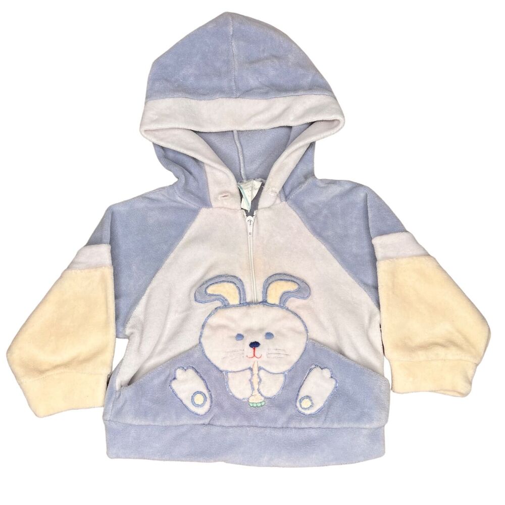 Vintage 80s 1/4 Zip Hoodie 6-9 Months Bunny Cotton Velour Pastel Colorblock